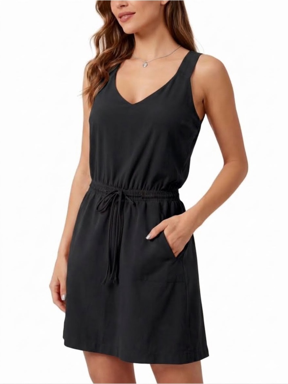 Athleta Savannah Strap Dress Black Sleeveless Drawstring Waist Small NWOT